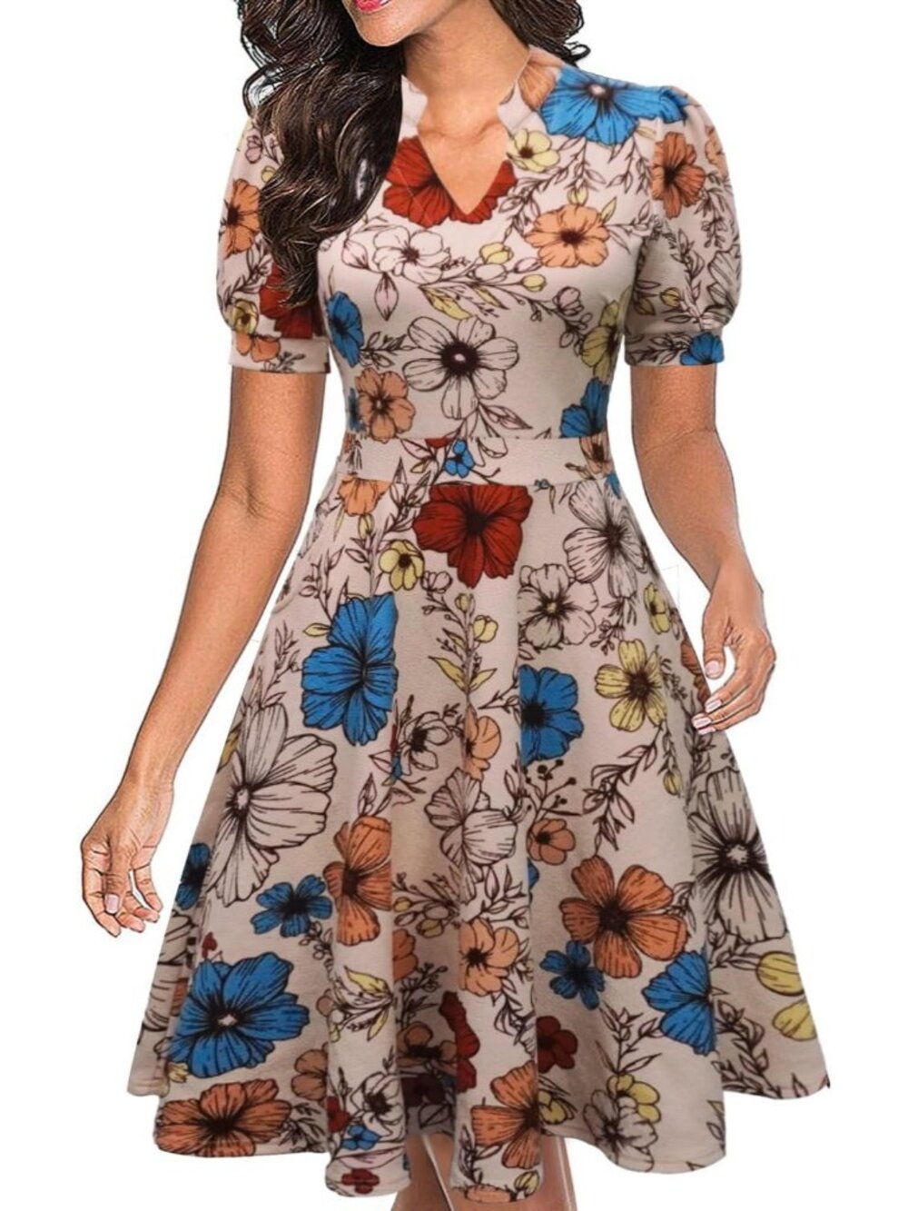 Men's Khaki Floral V Neck Summer Short Sleeve Semi Formal Fit Zipper Dress